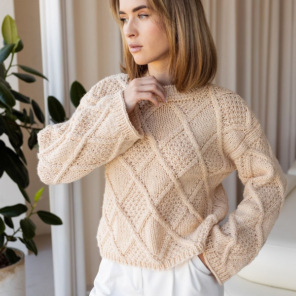 crochet alpaca wool sweater women, cable knit sweater, alpaca women pullover, chunky hand knit sweater, warm winter sweater,falling clothing