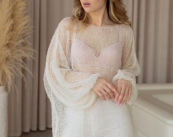 Jersey de mohair, jersey mullido, jersey ligero, jersey transparente color crema, prendas de punto de lujo, jersey de punto nupcial, regalo para ella, jersey de verano