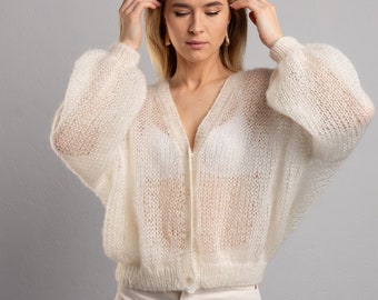 white off mohair bridal knit cardigan women, lace lightweight crochet wedding cardigan, handmade loose knit cardigan, knitwear