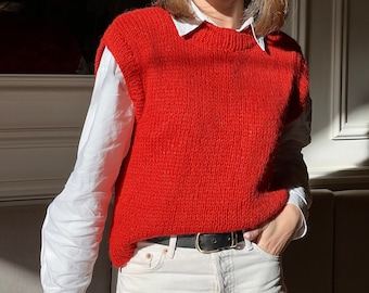 red wool knit vest women, crochet soft alpaca sweater vest, knitted sweater vest, handmade vest, sleeveless sweater, crochet tank top