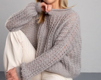 crochet mohair sweater women, chunky knit sweater, mohair pullover, loose knit sweater, womens knitwear, hand knit pastel sweater