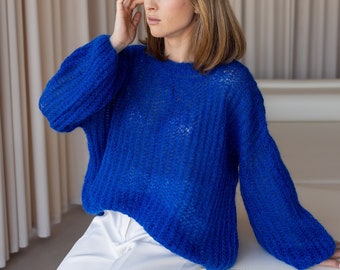 Pull texturé en tricot de mohair pour femme, pull fait main surdimensionné à col rond bleu royal, femmes en maille, pull en dentelle, pull au crochet