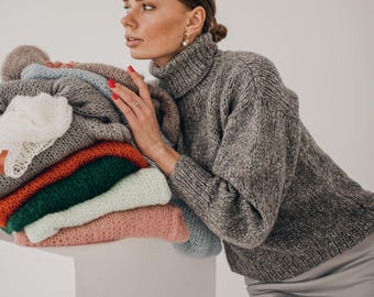 gray turtleneck crochet alpaca sweater, pastel neutral color basic knitted jumper, capsule wardrobe merino wool sweater, chunky knit sweater