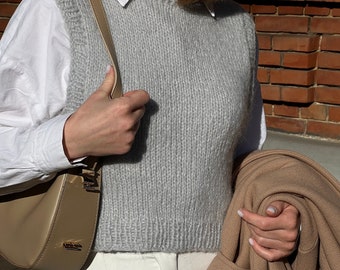 soft alpaca merino wool sweater vest women, gray vest knitwear women, sleeveless sweater, women spring clothing