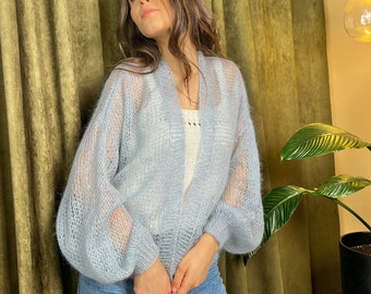 balloon sleeves lightweight crochet mohair cardigan women,loose knit blue cardigan, chunky cardigan women spring clothing, knitwear