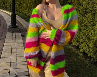 crochet long colorful cardigans for women, bright chunky knit LGBT festival cardigan, colorful lightweight mohair handknit cardigan