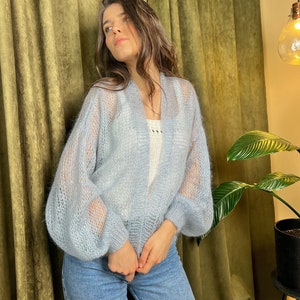 pastel blue crochet cardigan with balloon sleeves, no closure lightweight wedding cardigan, mohair chunky knit minimalist cardigan