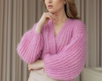 mohair chunky knit cardigan women, lightweight lace knitted cardigan, pink crochet cardigan, knitwear spring clothing