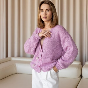 cardigan en alpaga brodé au crochet, pull cardigan à boutons, vêtements printemps pour femmes, tricots, cardigan doux, cardigan rose épais image 8