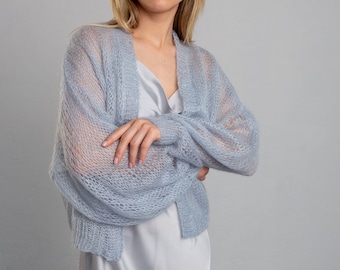 Bridal Cardigan, Mohair Wedding Cover Up, Open Knit Dress Topper Cape, Pale Blue Winter Shawl, Oversized Bridesmaid, Mother of Bride Wrap