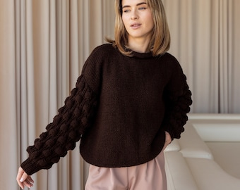 fall crewneck wool knit sweater women, brown merino cable knit sweater, chunky knitted oversized sweater, knitwear