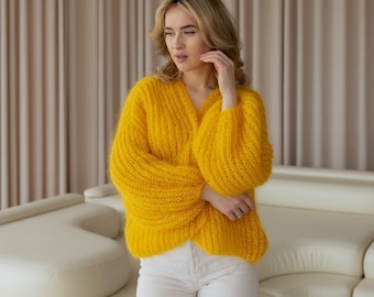 open front mohair crochet cardigan women, yellow oversized balloon sleeves chunky knit cardigan, fluffy colorful knitted cardigan, knitwear