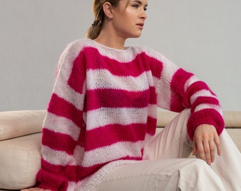 striped mohair hand knit sweater, pink knitted sweater, oversized crochet sweater, colorful chunky sweater, pink knitted sweater