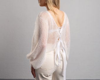 white mohair knit lace back sweater women, lightweight lace open back  bridal wedding sweater, handmade crochet sweater