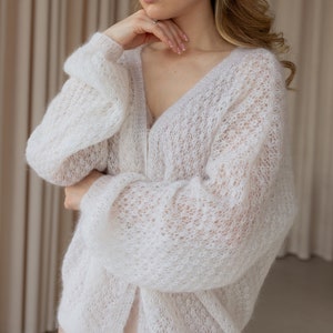 crochet mohair cardigan women, white airy lace lightweight cardigan, chunky knit summer vintage cardigan, wedding bridal cardigan, knitwear