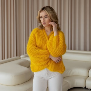 mohair crochet oversized open front cardigan, balloon sleeves chunky cardigan, yellow wool cardigan, textured knitted colorful cardigan image 1