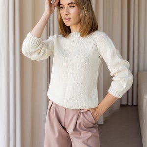 white off basic crochet fall sweater, chunky knit minimalist sweater, casual knitted pullover sweater, alpaca merino wool crewneck jumper