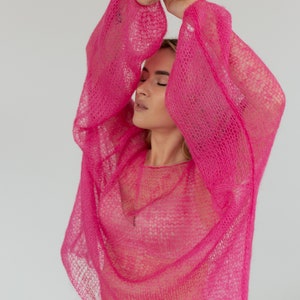 pink loose knit mesh mohair sweater, lightweight crochet sheer sweater, knitted lace sweater, spring-summer clothing women, party outfit