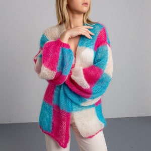 multi color patchwork mohair knit cardigan women, bright lace knitted long cardigan, crochet colorful cardigan, summer clothing