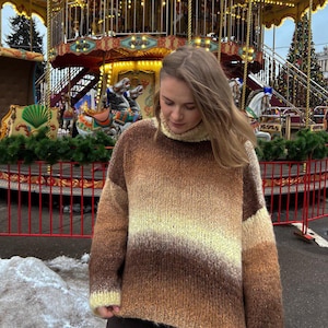 Bruine gehaakte wollen trui, coltrui wintertrui, grof gebreide alpaca trui, handgemaakte oversized trui pullover vrouwen