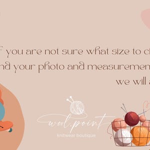 May include: A woman sits cross-legged, knitting with yarn. The text reads "If you are not sure what size to choose, send your photo and measurements and we will advise." Below the text is the logo "wool point knitwear boutique" and a basket of yarn balls.