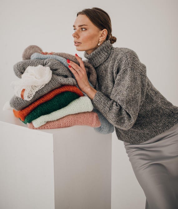 Gray Turtleneck Crochet Alpaca Sweater, Pastel Neutral Color Basic