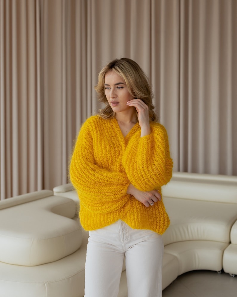 mohair crochet oversized open front cardigan, balloon sleeves chunky cardigan, yellow wool cardigan, textured knitted colorful cardigan image 1