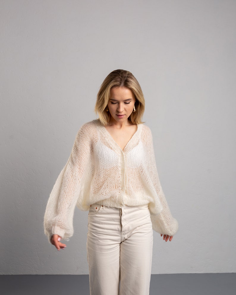 bridal wedding mohair cardigan, ivory cream lace knitted cardigan, oversized hand knit cardigan,bridal cape, mother of bride,bridal knitwear image 5