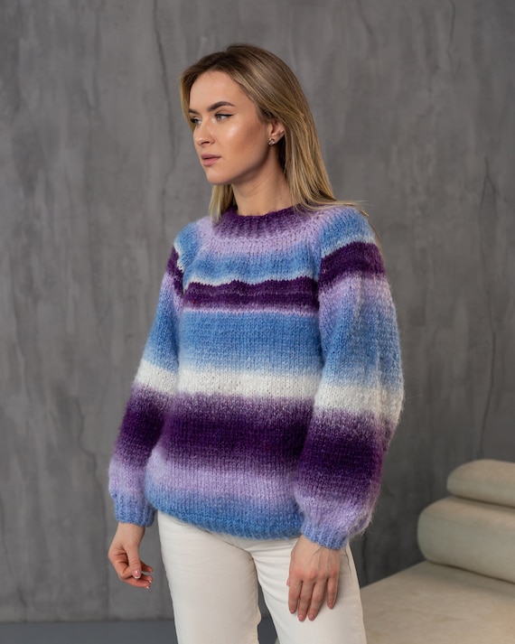 multi color crochet wool sweater, colorful crewneck winter pullover jumper, chunky knit alpaca mohair sweater, cozy knitted fall sweater
