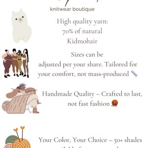 May include: Wool.point knitwear boutique logo with a llama, yarn balls, and text that reads "High quality yarn: 70% of natural Kidmohair. Sizes can be adjusted per your share. Tailored for your comfort, not mass-produced. Handmade Quality - Crafted to last, not fast fashion. Your Color, Your Choice - 50+ shades available for custom orders."