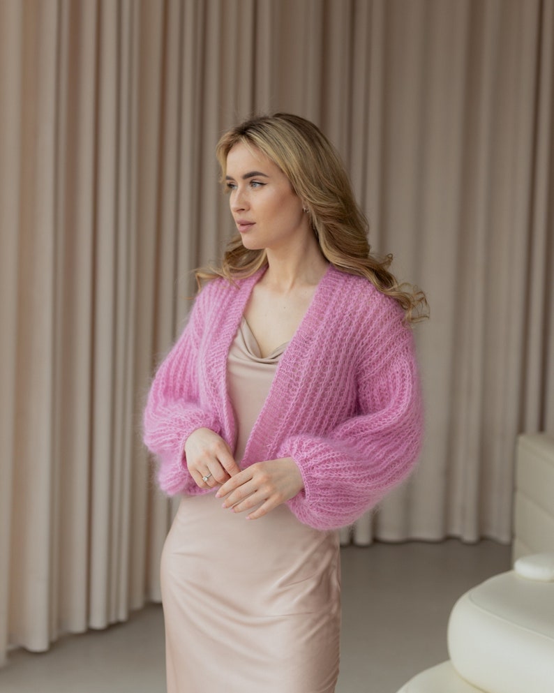 mohair chunky knit cardigan women, lightweight lace knitted cardigan, pink crochet cardigan, knitwear spring clothing image 2