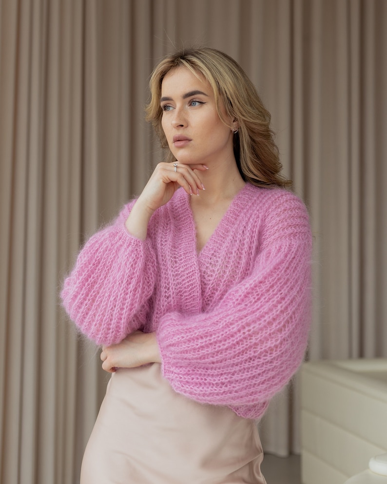 mohair chunky knit cardigan women, lightweight lace knitted cardigan, pink crochet cardigan, knitwear spring clothing image 1