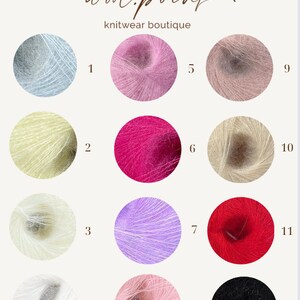 May include: Twelve skeins of yarn in various colors, including light blue, yellow, white, pink, red, and black. The yarn is arranged in a grid pattern with numbers 1 through 12 labeling each skein.
