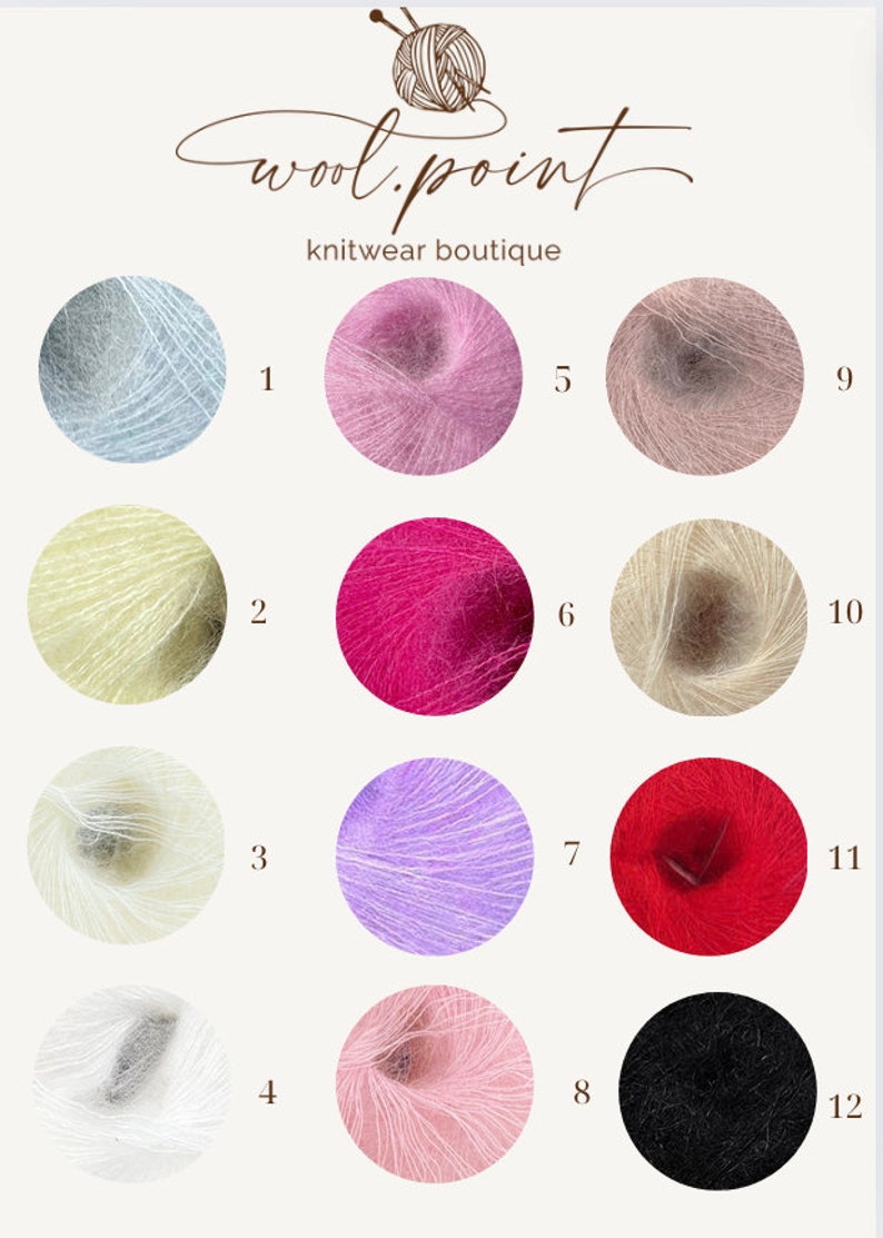 May include: Twelve skeins of yarn in various colors, including light blue, yellow, white, pink, red, and black. The yarn is arranged in a grid pattern with numbers 1 through 12 labeling each skein.