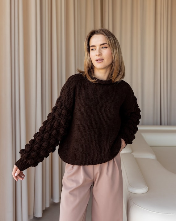 Fall Crewneck Wool Knit Sweater Women, Brown Merino Cable Knit Sweater, Chunky Knitted Oversized Sweater, Knitwear