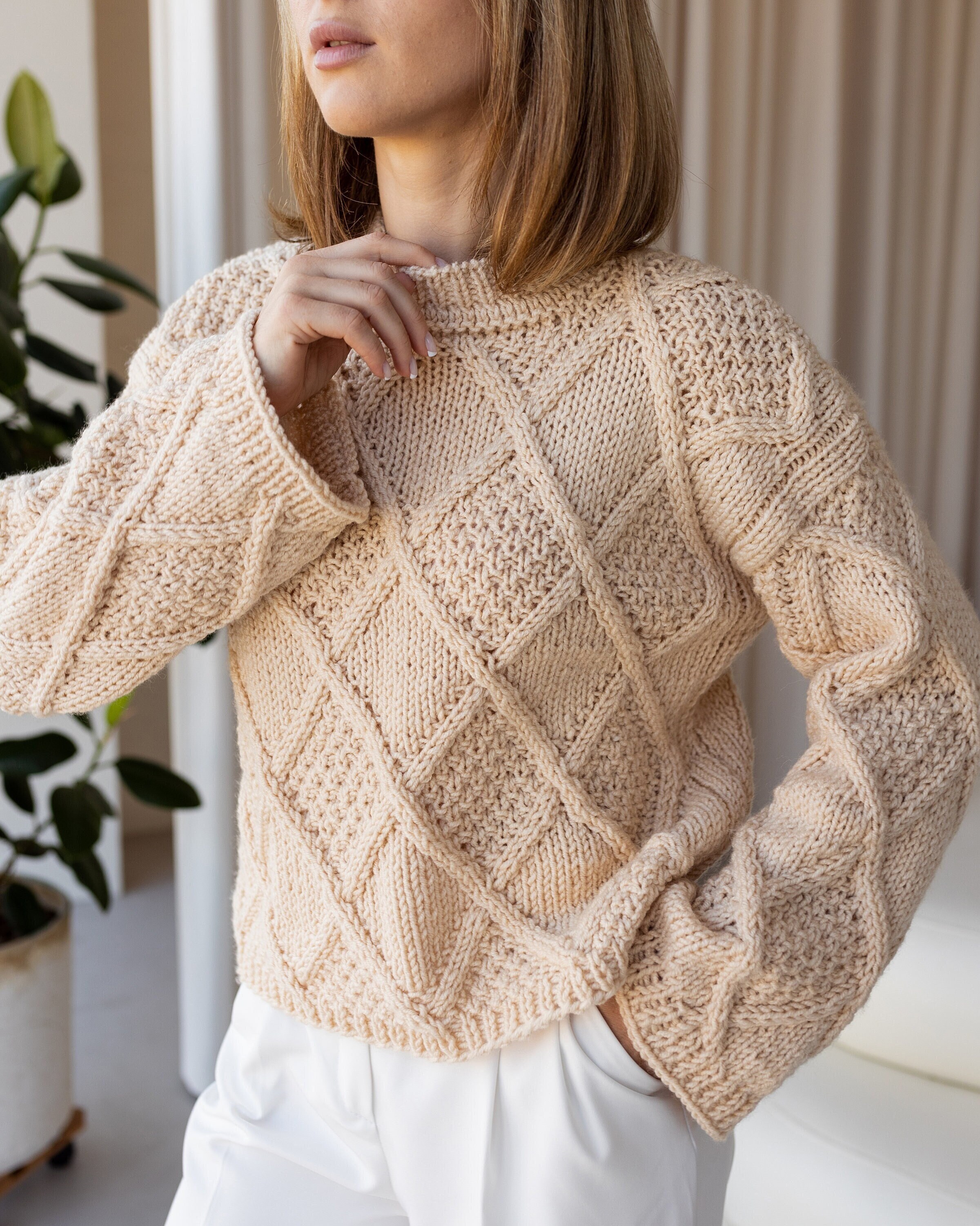 Boho Beige Hollowout Knit Sweater For Spring Lightweight Loose Fit Unisex Cozy Knit Top main image 1