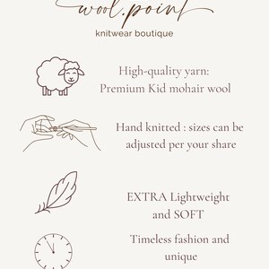 以下が含まれることがあります： 「wool.point knitwear boutique」のクリーム色のグラフィック。糸、羊、編み物の手、羽、時計のイラストが含まれています。プレミアムキッドモヘアウールと手編みのアイテムをテキストで強調しています。