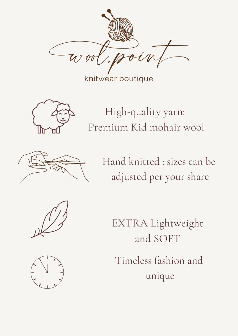 以下が含まれることがあります： 「wool.point knitwear boutique」のクリーム色のグラフィック。糸、羊、編み物の手、羽、時計のイラストが含まれています。プレミアムキッドモヘアウールと手編みのアイテムをテキストで強調しています。