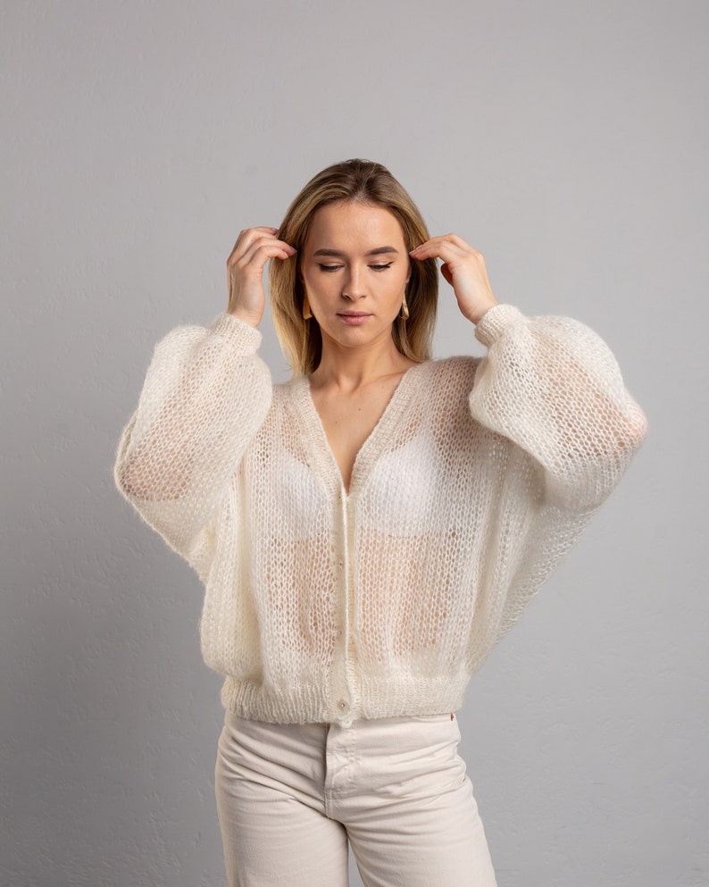 bridal wedding mohair cardigan, ivory cream lace knitted cardigan, oversized hand knit cardigan,bridal cape, mother of bride,bridal knitwear image 1