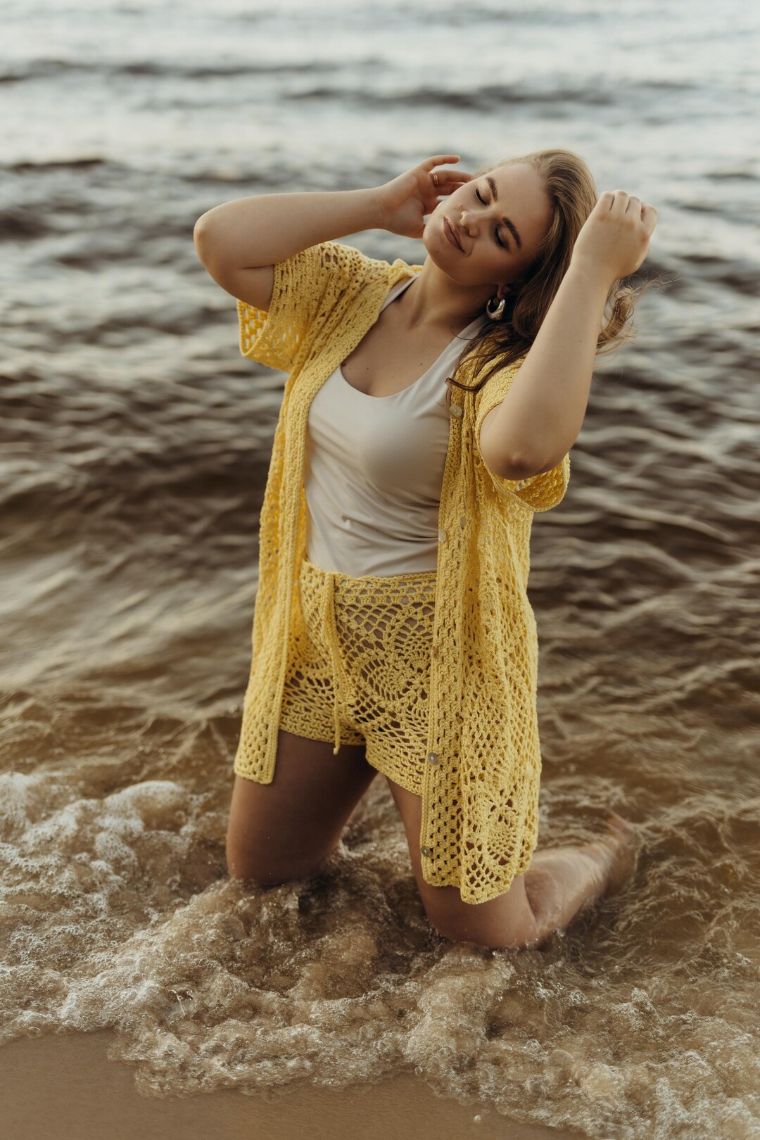 Summer Clothing Two Piece Co Ord Crochet Set, Paste Yellow Knit Costume ...
