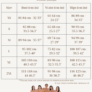May include: Size chart for knitwear with measurements in inches and centimeters. The chart shows bust, waist, and hip measurements for sizes XS, S, M, L, XL, and 2XL.