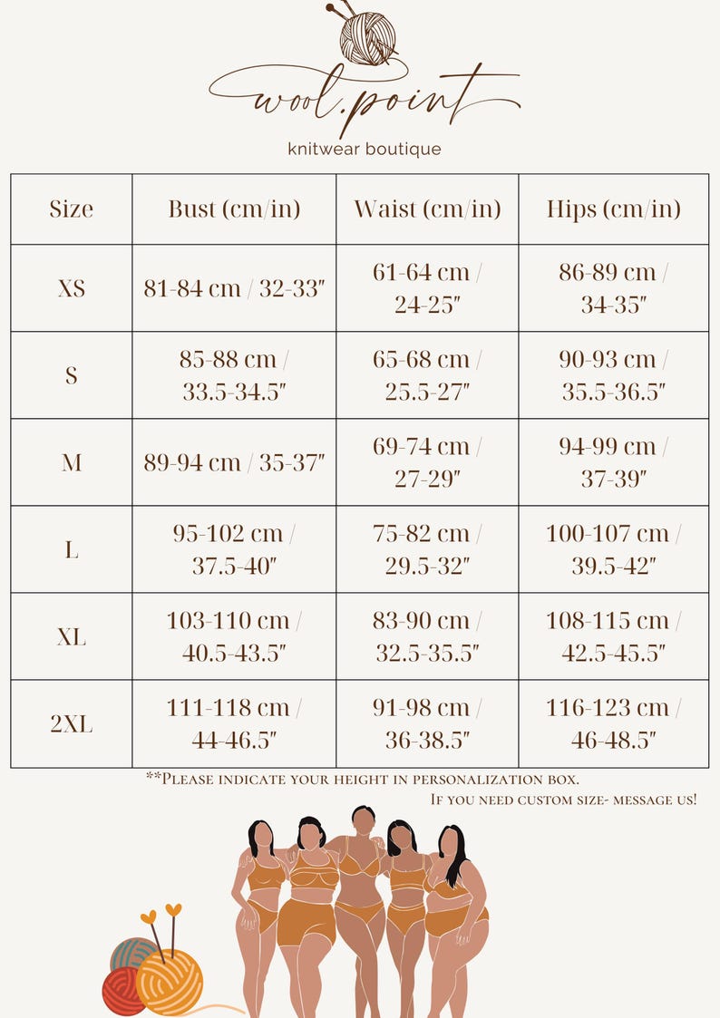 May include: Size chart for knitwear with measurements in inches and centimeters. The chart shows bust, waist, and hip measurements for sizes XS, S, M, L, XL, and 2XL.