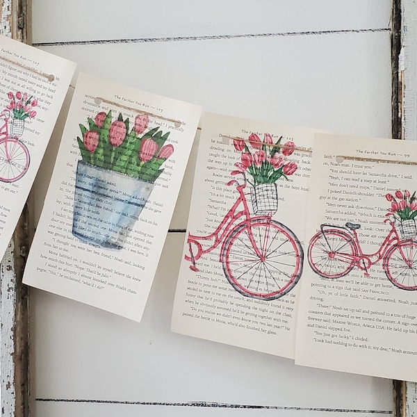 Bannière de printemps, guirlande de printemps, bannière de tulipe "Vélo de printemps", Floral, tulipes, printemps, Pâques, vélo, vélo de dessous de verre, bannière de page de livre, papier