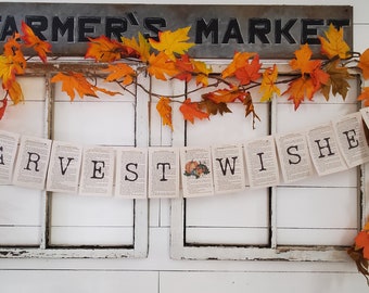 Fall Banner, Fall Garland, "Harvest Wishes" Banner, Book Page Banner, Paper Banner, Herfst, Oogst, Pompoenen, Fall Cozy, Wall Hanging, Mantle