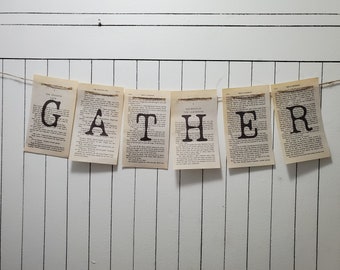 Fall Decor, Fall Banner, Fall Garland, Fall, "GATHER", Banner, Old Book Pages, Bunting Banner, Pennants, Thanksgiving, Garland, Farmhouse