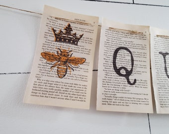 Farmhouse Banner, Farmhouse Garland, "Queen Bee", Bunting Banner, Pennants, Rustic, Vintage, Country, Farmhouse Decor, Old Book Pages,