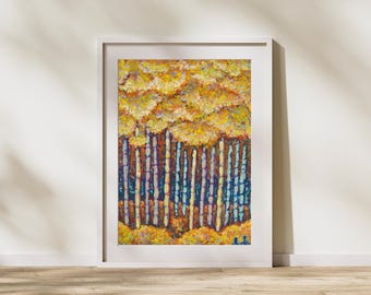 Glitzernde Espen Bäume Druck - Original impressionistisches Acrylbild - Herbstlaub - Gelbe und Orange Espen - Herbst Landschaftsdekor