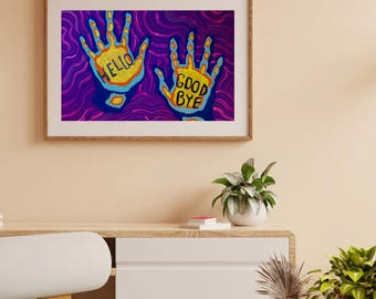Psychedelische ""Hello Goodbye"" tätowierte Hände Druck - 60er Jahre inspiriertes Acrylbild - Trippy Art - Retro Pop Art Wanddeko."