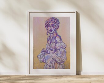 Hübsche Prinzessin in Rosa & Lila Kleid Druck - Original Acrylbild - Eleganter Goldakzent - Verträumte Feminine Wandkunst - Schöne Mädchen Malerei