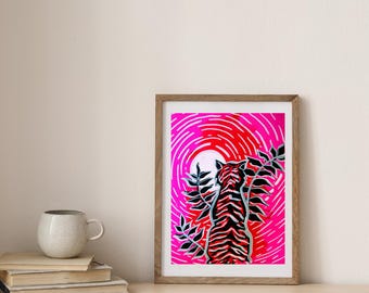 Kühner Pop Art Tiger Druck - Rot & Rosa Acrylgemälde - Moderne Wandkunst - Einzigartiges Tiger Kunstwerk - Buntes Wohndekor